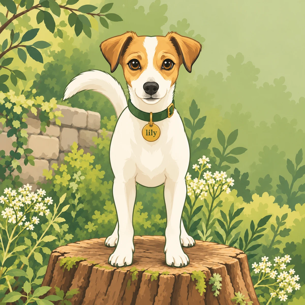 Lily, a white and tan Jack Russell terrier, standing on a tree stump with a green collar and a gold tag that reads lily.